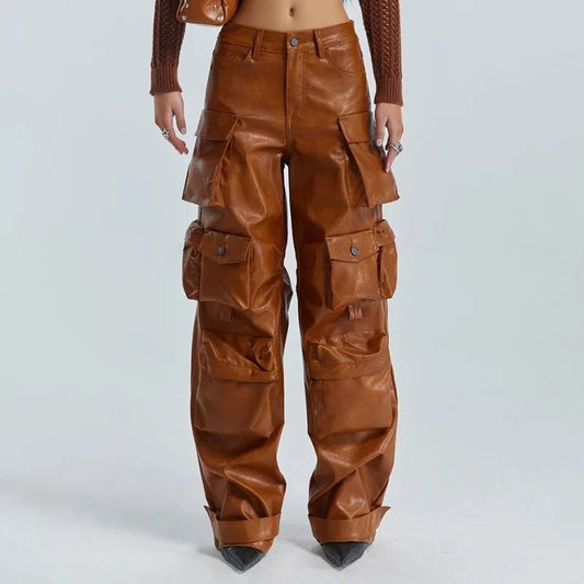 Multi Pockets High Waist Leather Trousers