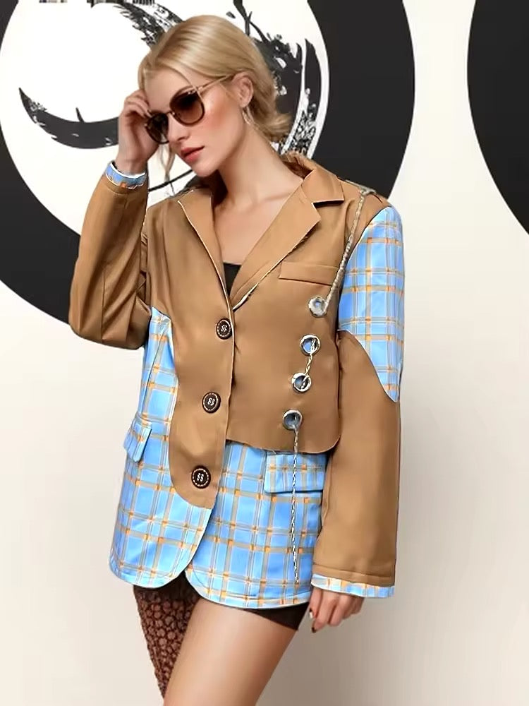 Chic Patchwork Plaid Blazer with Chain Detail