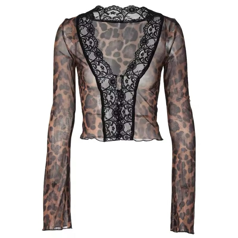 Luxe Sheer Lace-Trim Tie-Front Blouse