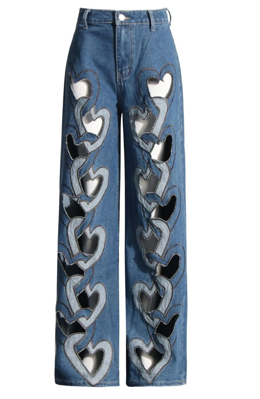 Heart Chain Cutout Denim Pants