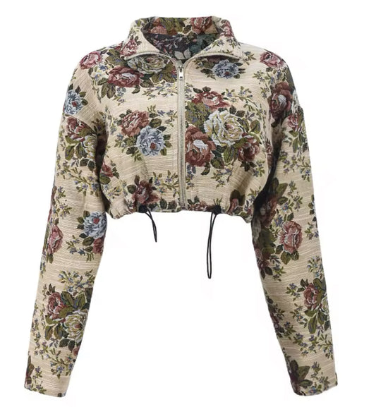 Floral Zip-Up Cropped Jacket