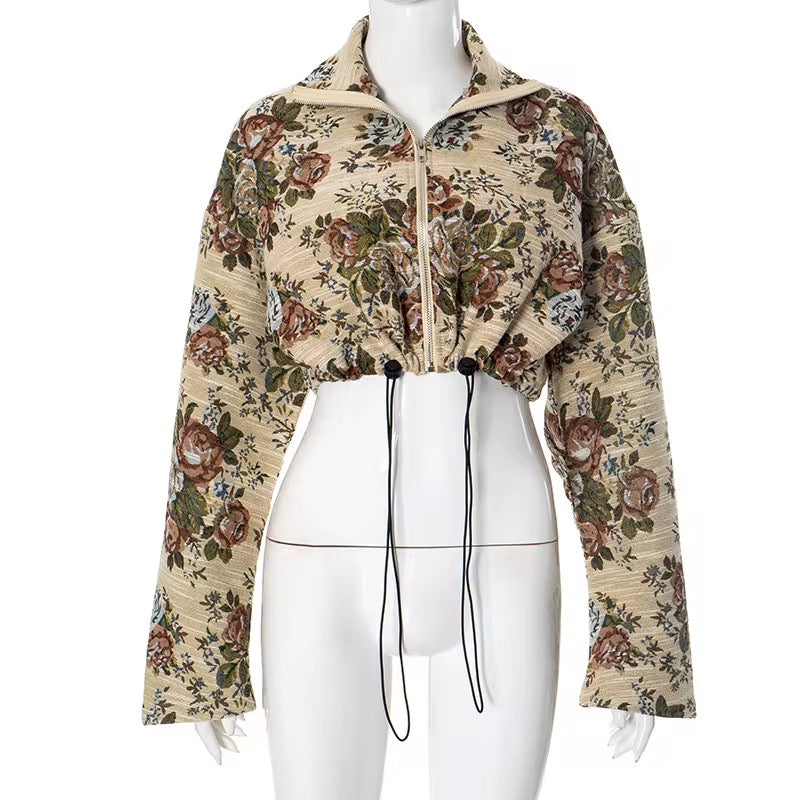 Floral Zip-Up Cropped Jacket