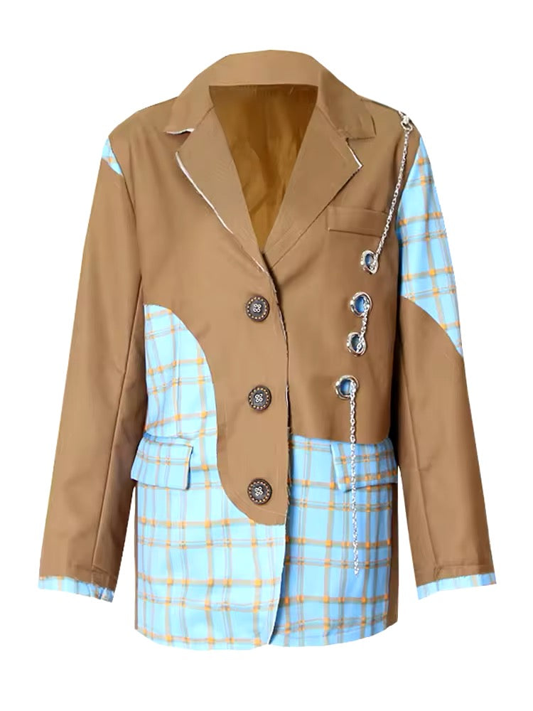 Chic Patchwork Plaid Blazer with Chain Detail