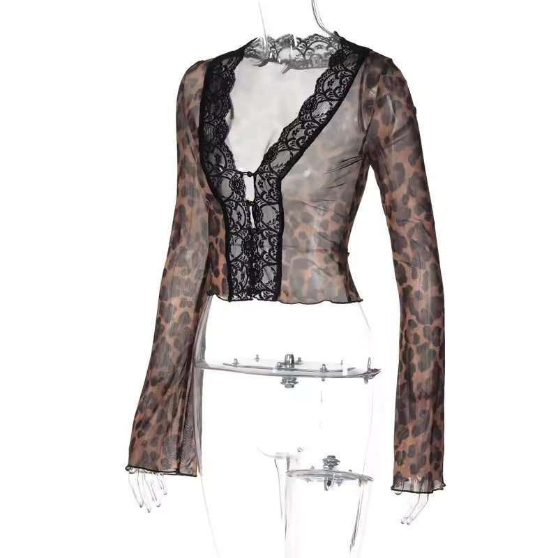 Luxe Sheer Lace-Trim Tie-Front Blouse