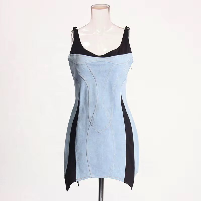 Sculpted Illusion Denim Mini Dress