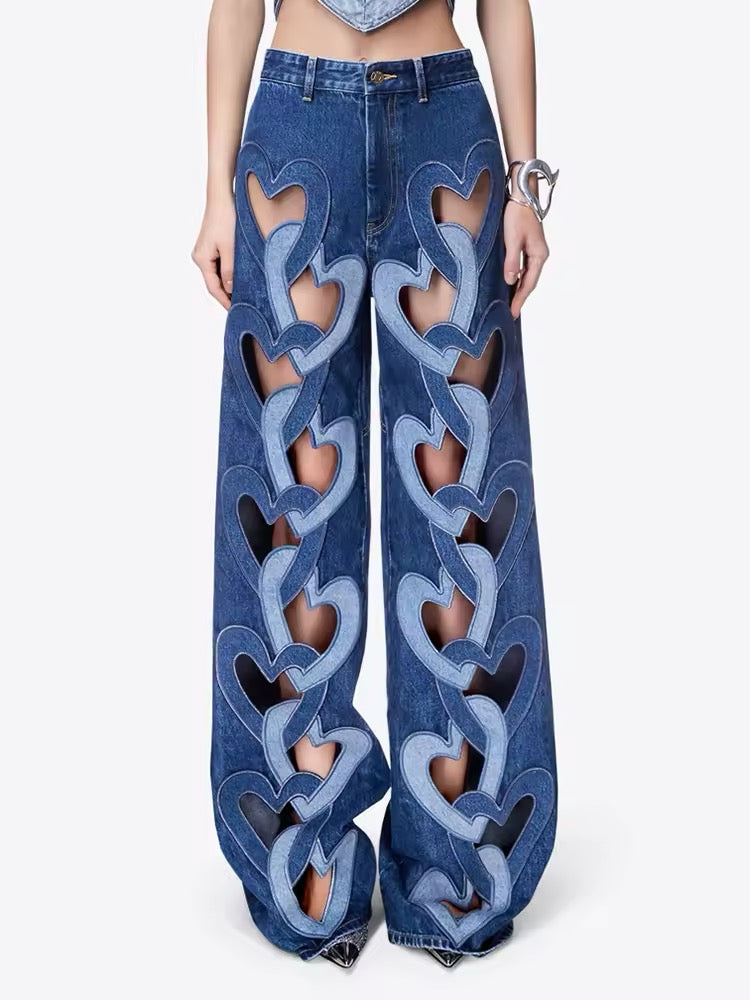 Heart Chain Cutout Denim Pants