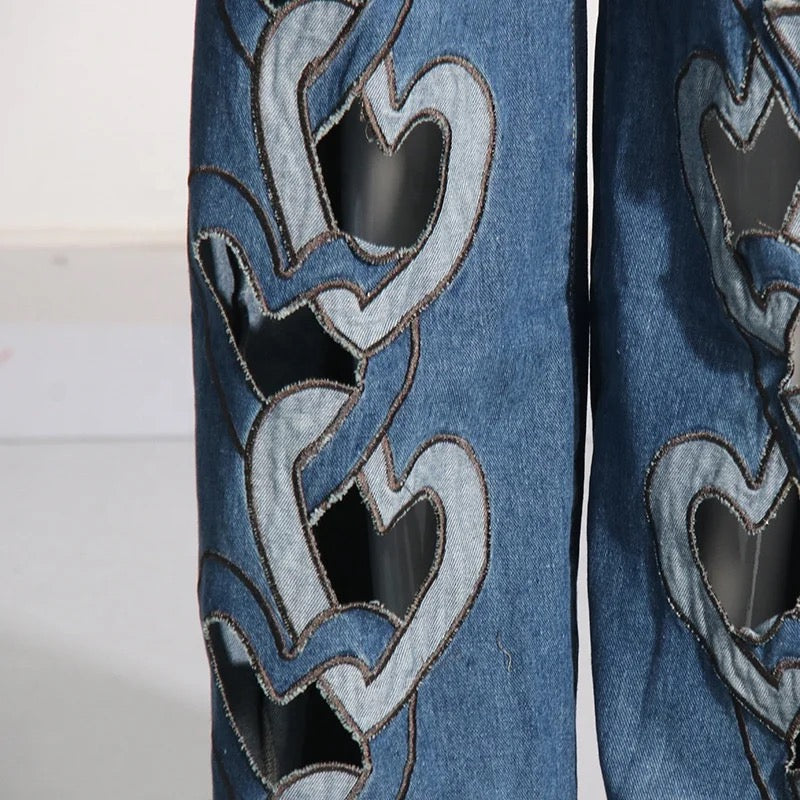 Heart Chain Cutout Denim Pants