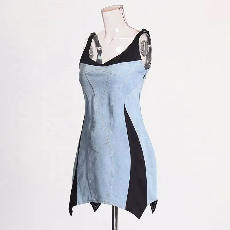 Sculpted Illusion Denim Mini Dress