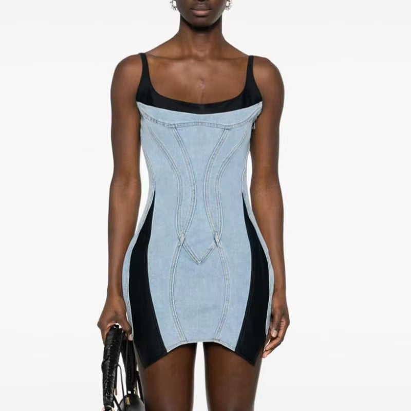 Sculpted Illusion Denim Mini Dress