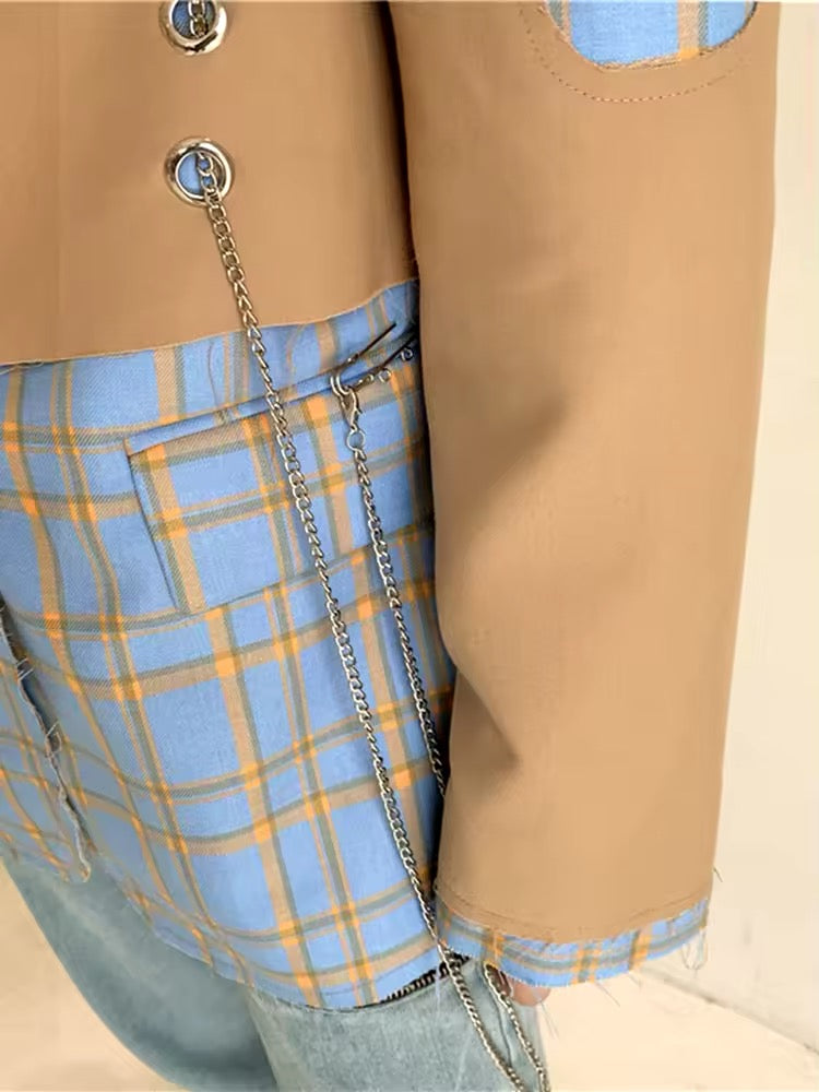 Chic Patchwork Plaid Blazer with Chain Detail