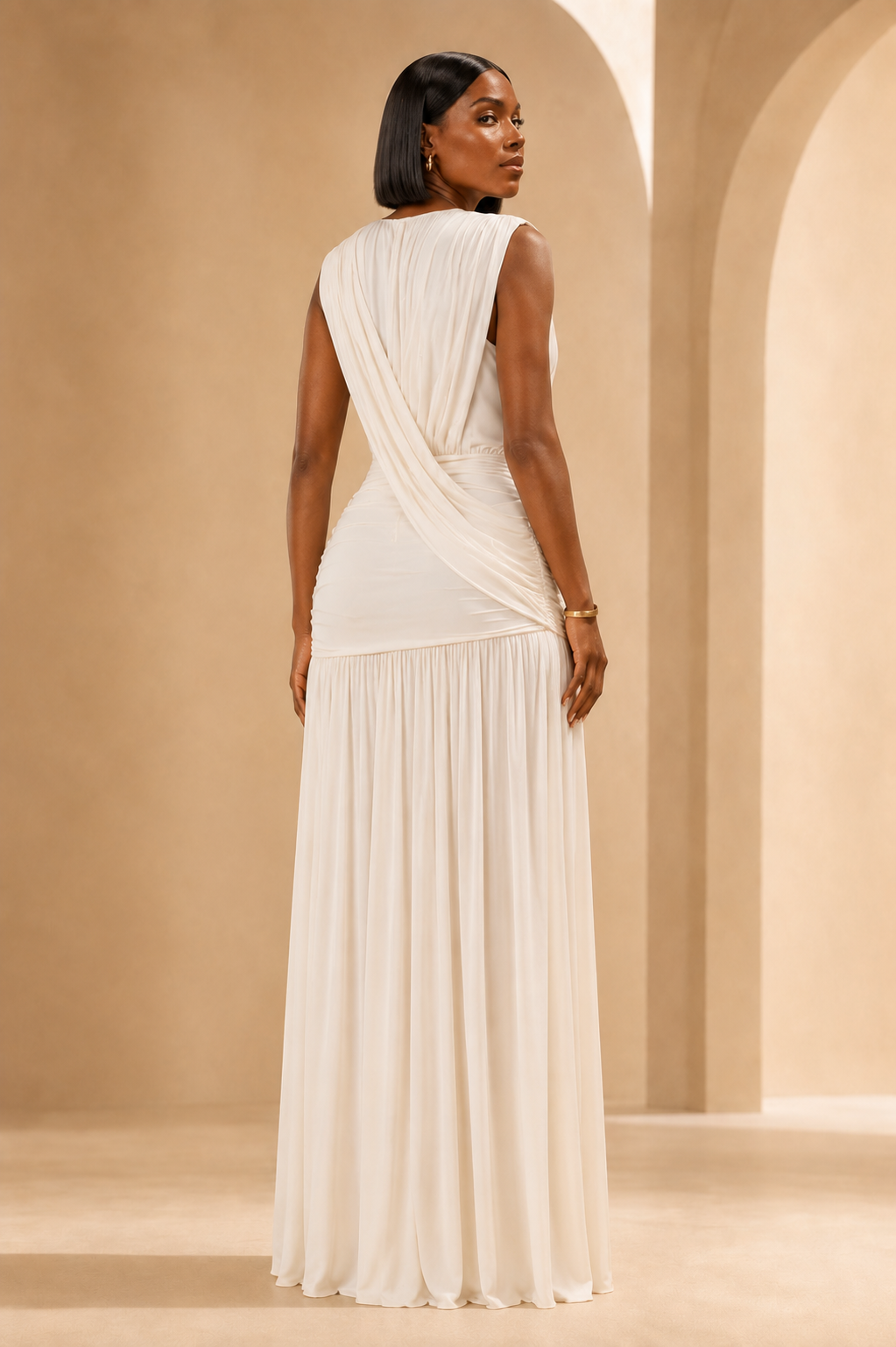 Ivory Amara draped ruched maxi dress back view on model