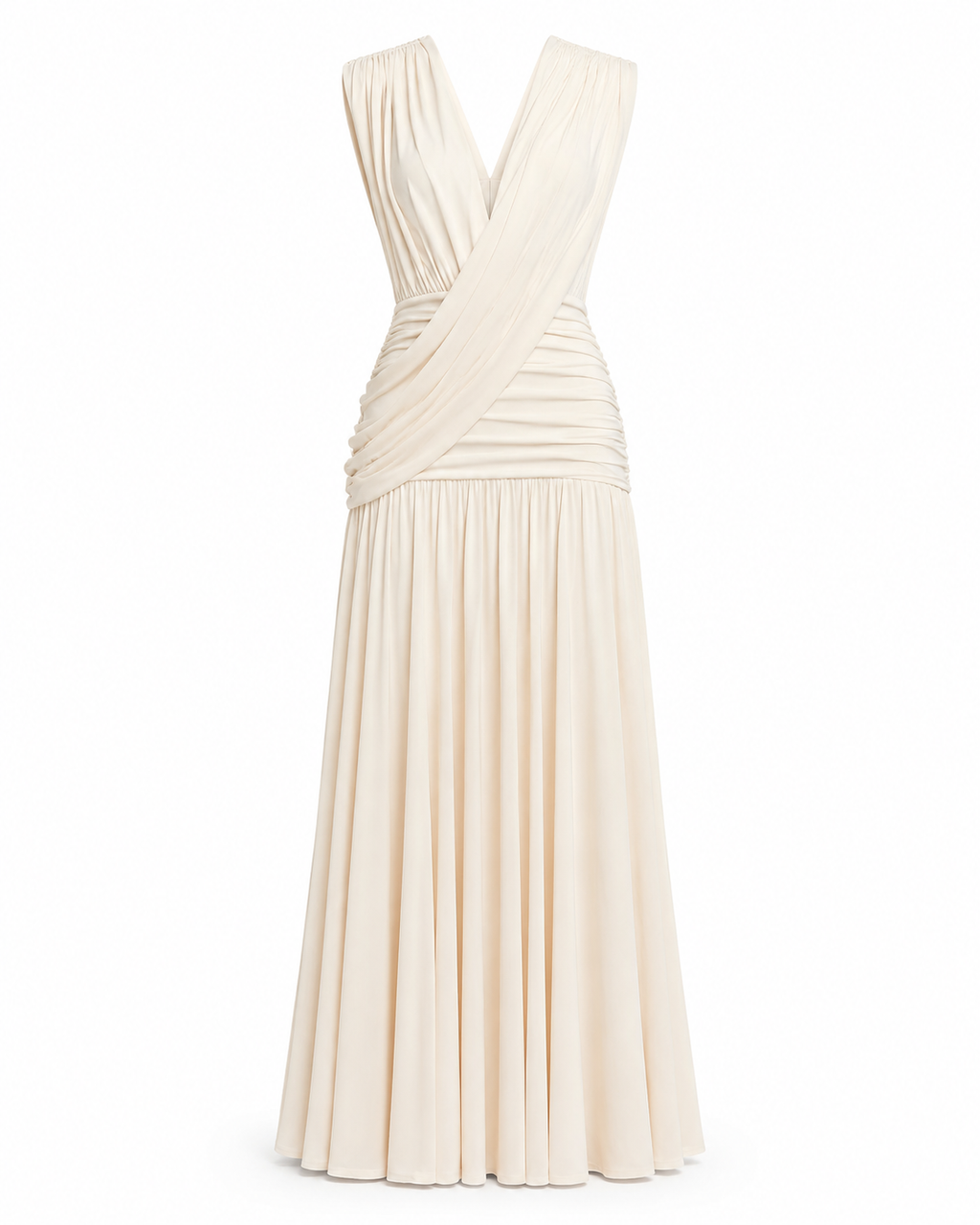 Ivory draped ruched maxi dress front product view