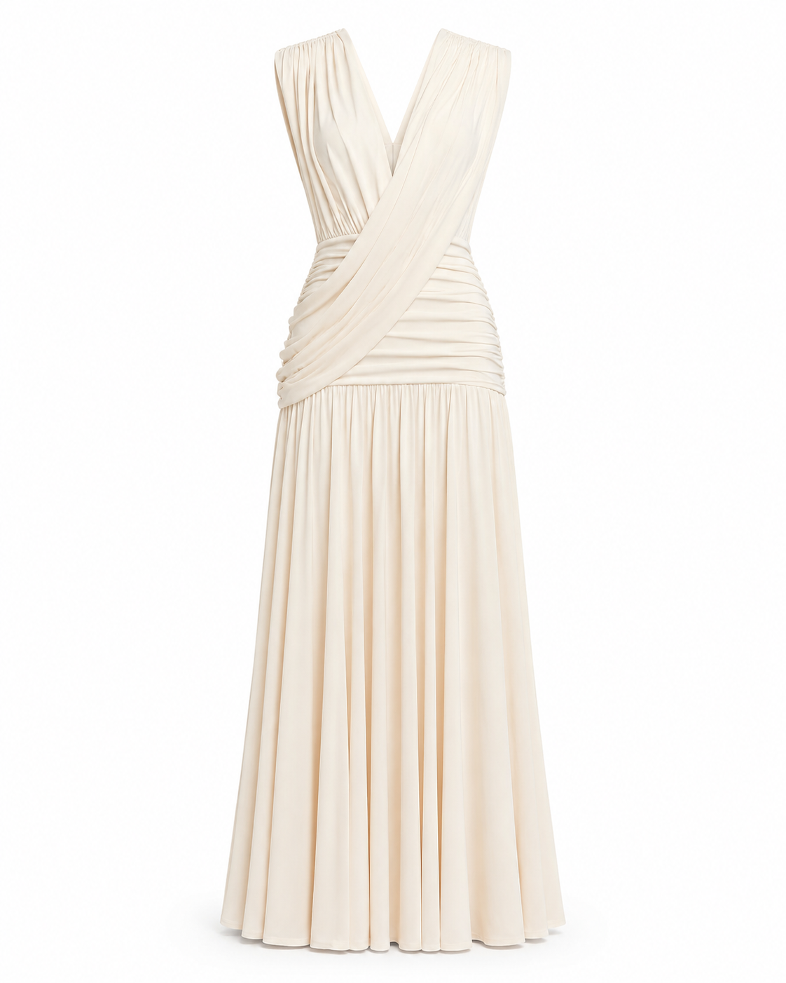 Ivory draped ruched maxi dress front product view
