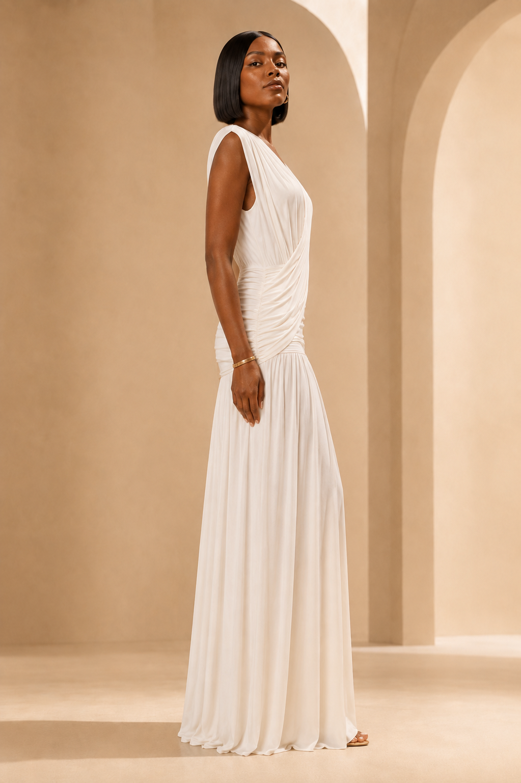 Ivory Amara draped ruched maxi dress side view on model