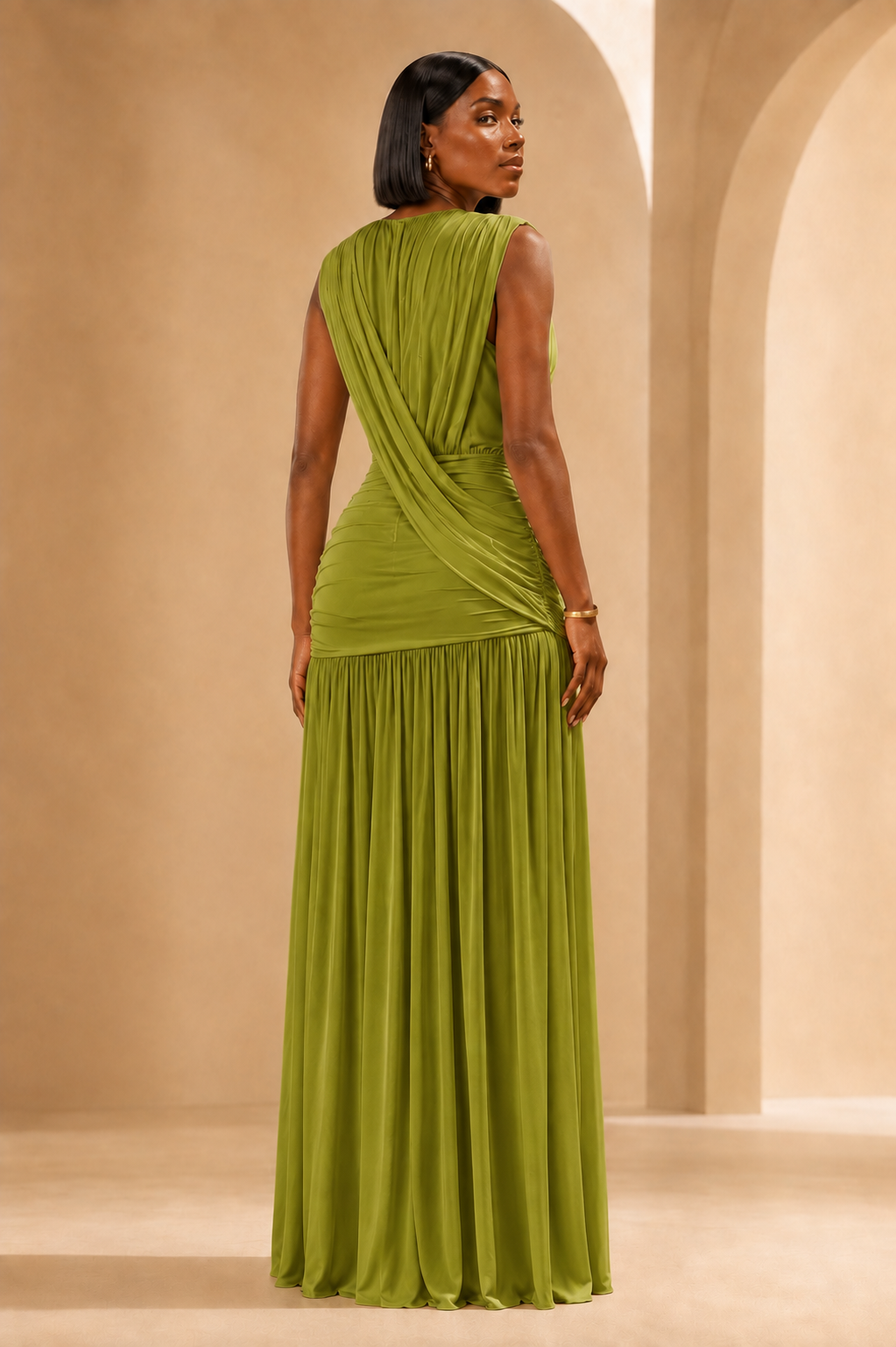 Olive Amara draped ruched maxi dress back view on model