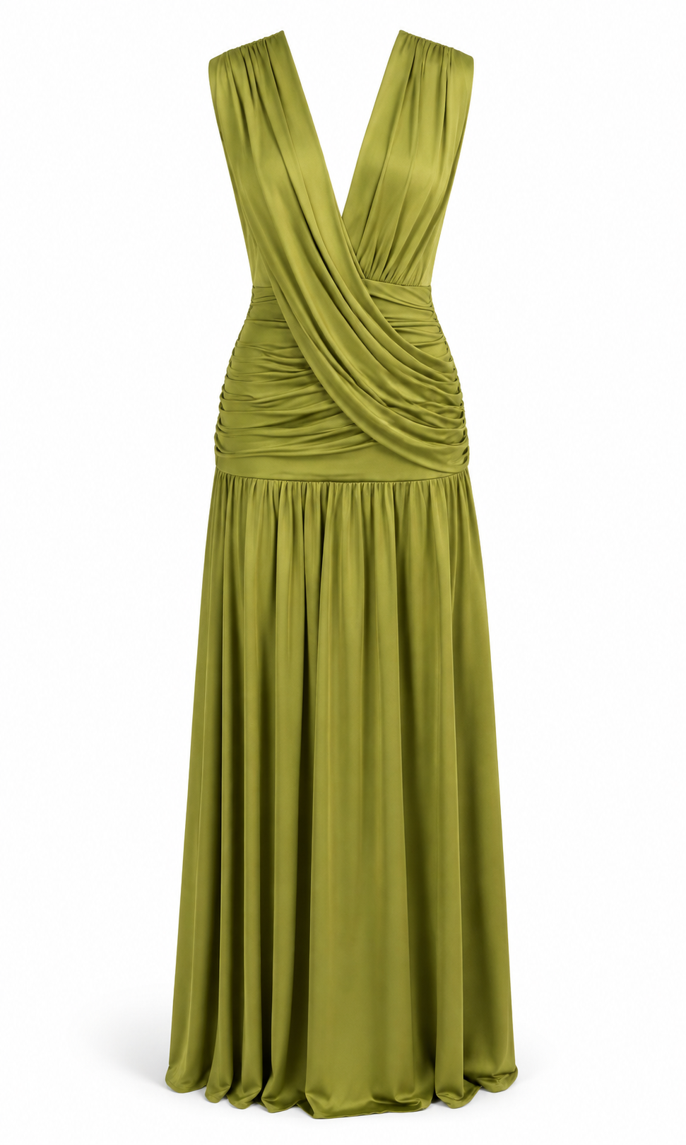 Olive draped ruched maxi dress front product view
