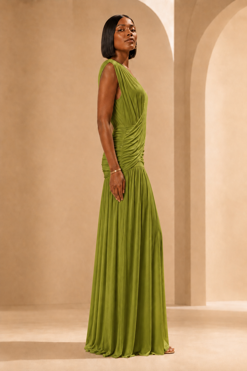 Olive Amara draped ruched maxi dress side view on model
