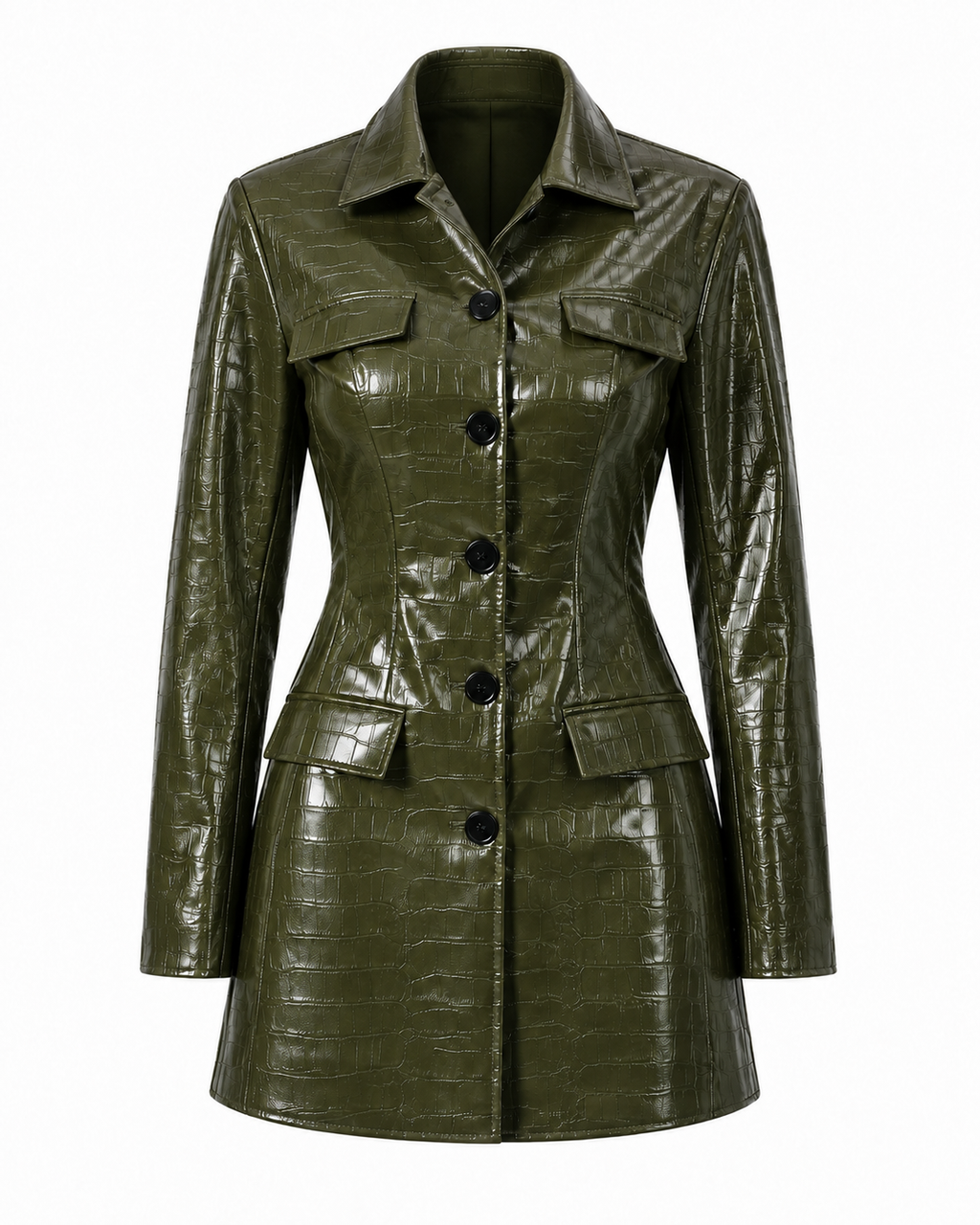 Army green crocodile embossed vegan leather blazer mini dress product view