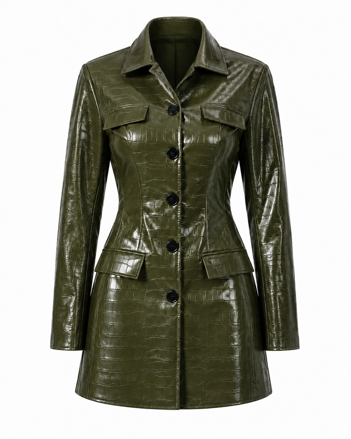 Army green crocodile embossed vegan leather blazer mini dress product view