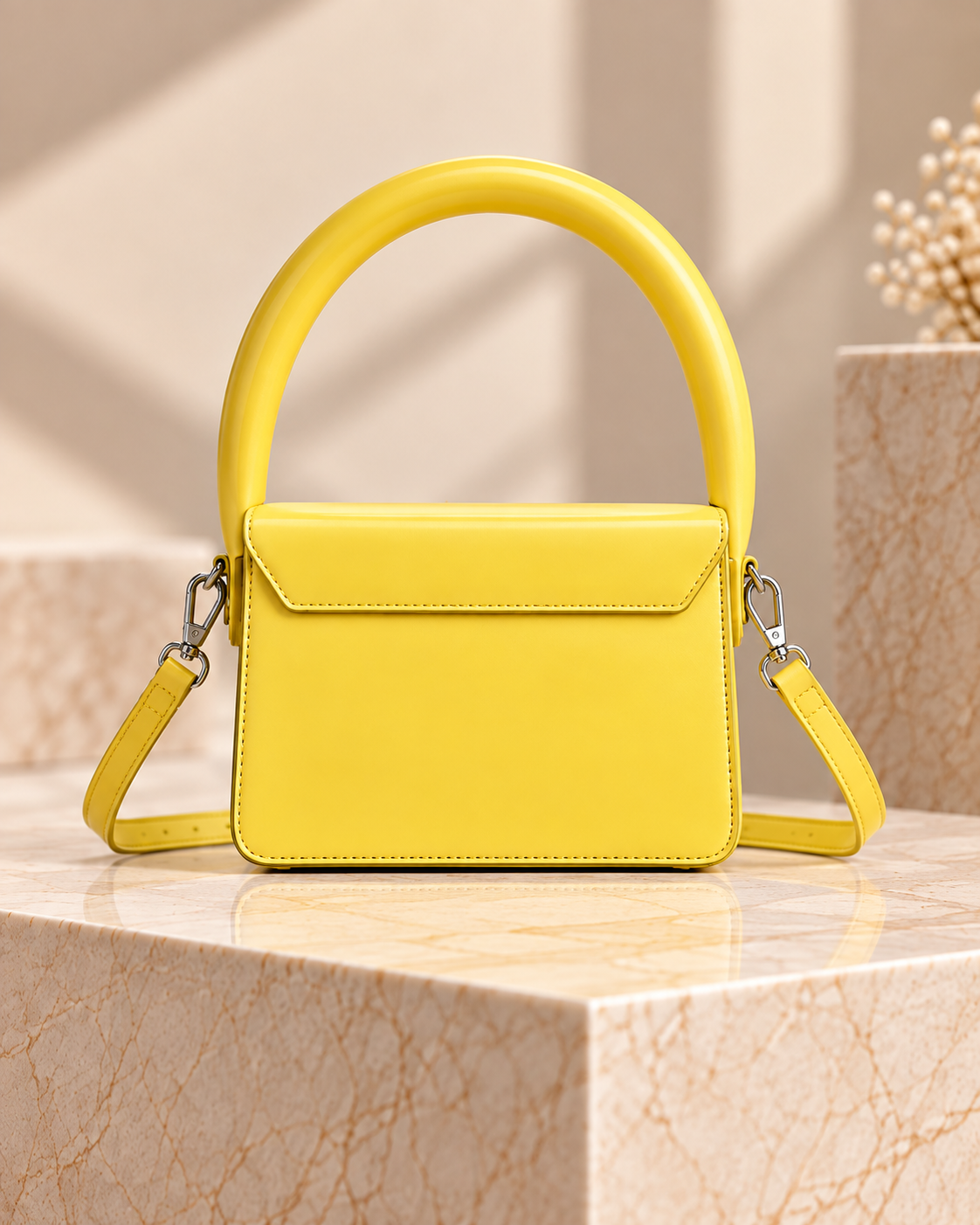 Bafelli yellow structured cowhide handbag front view with sculpted cat clasp