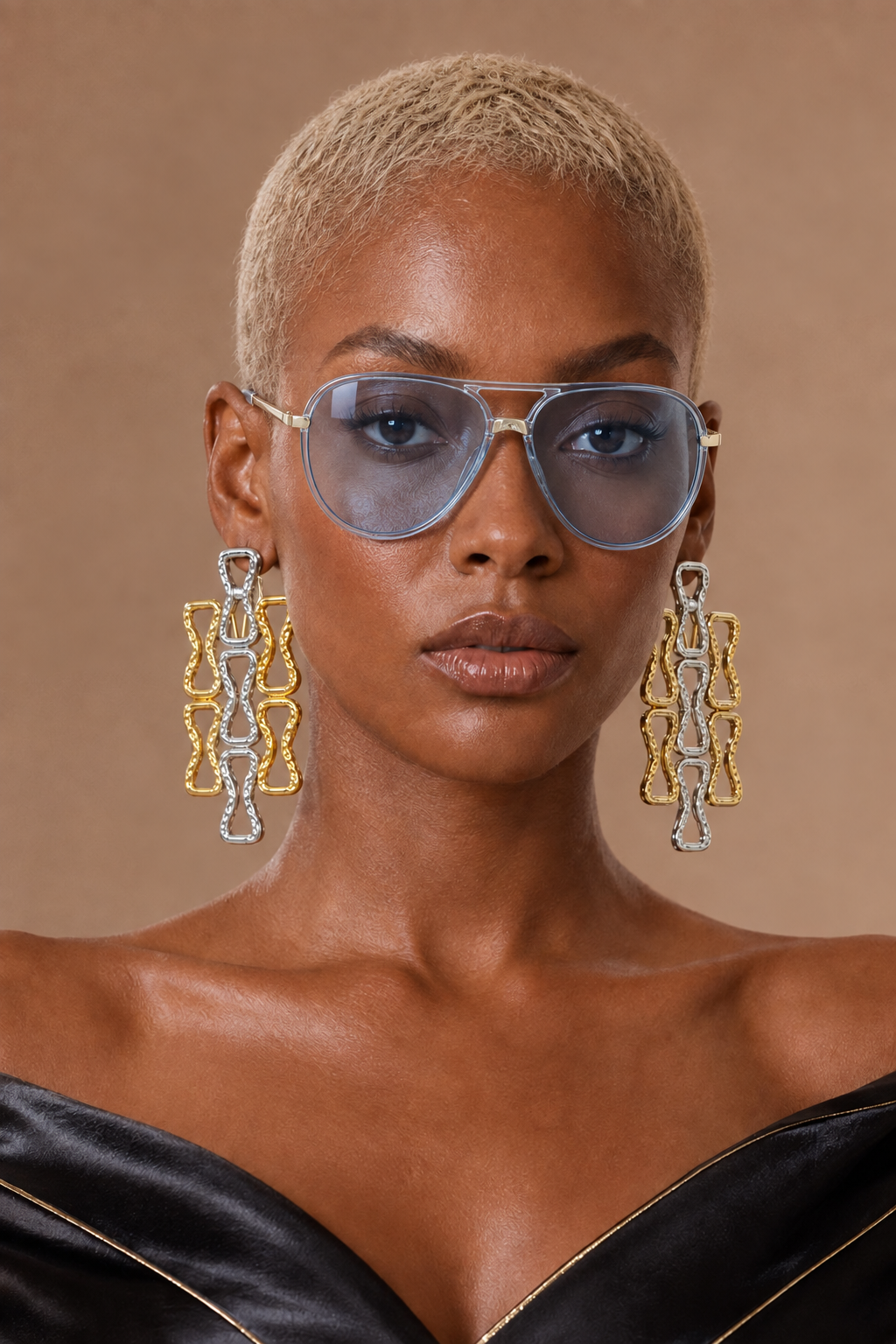 Amara oversized aviator shades in Ice Blue worn by a BLANC LOVE model