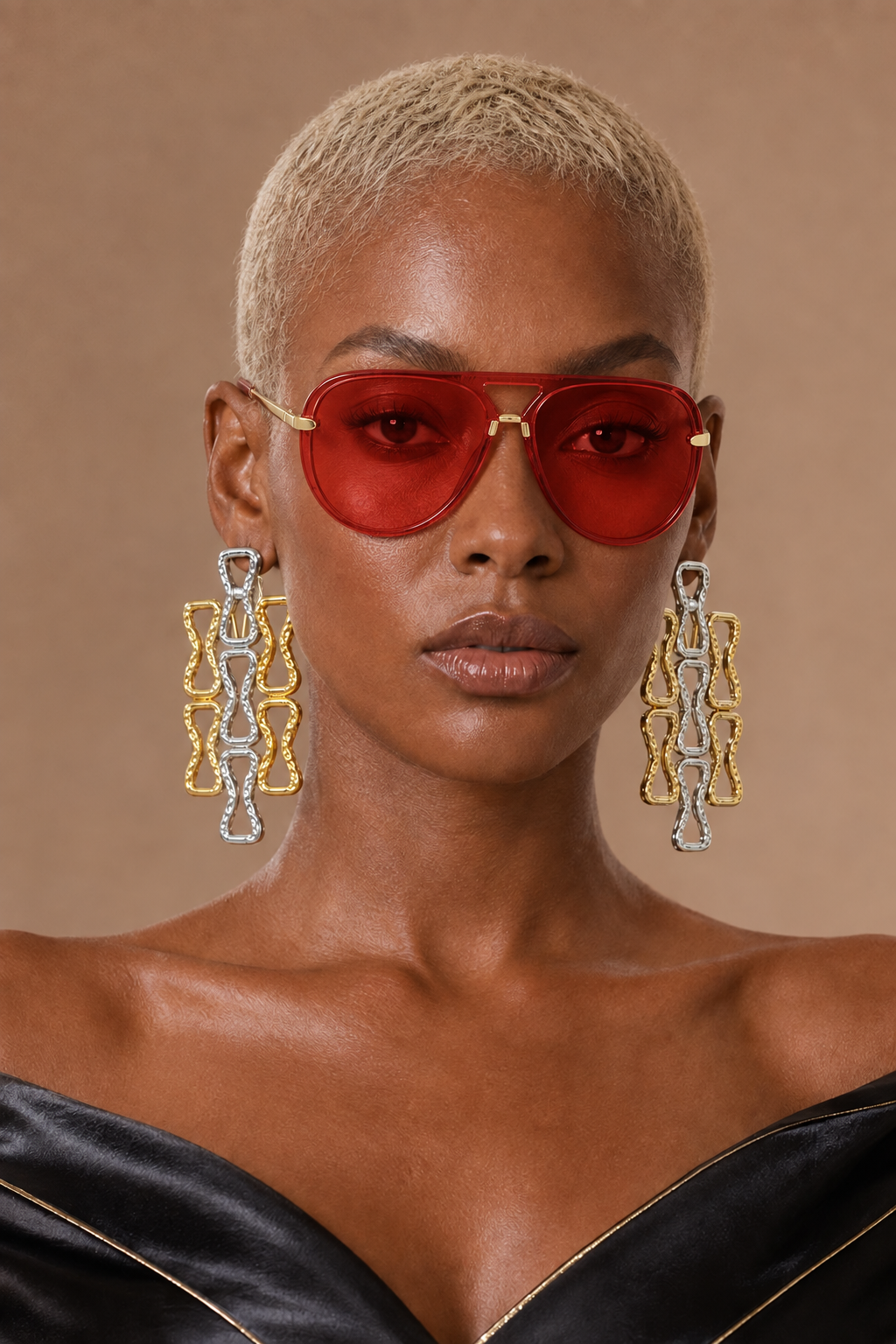 Amara oversized aviator shades in Statement Red worn by a BLANC LOVE model