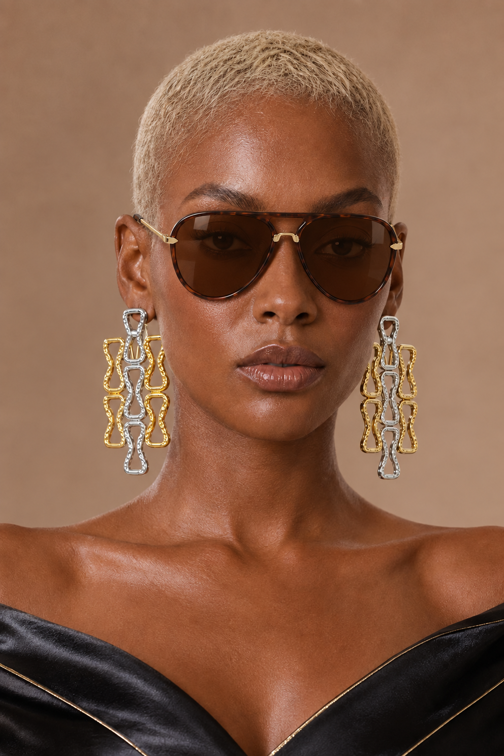 Amara oversized aviator shades in Tea Brown worn by a BLANC LOVE model