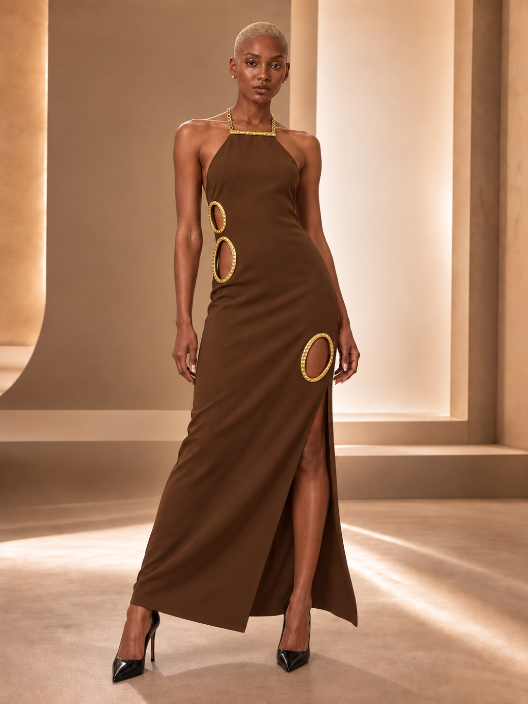 BLANC LOVE Aurelia Gold Ring Halter Maxi Dress in brown on model