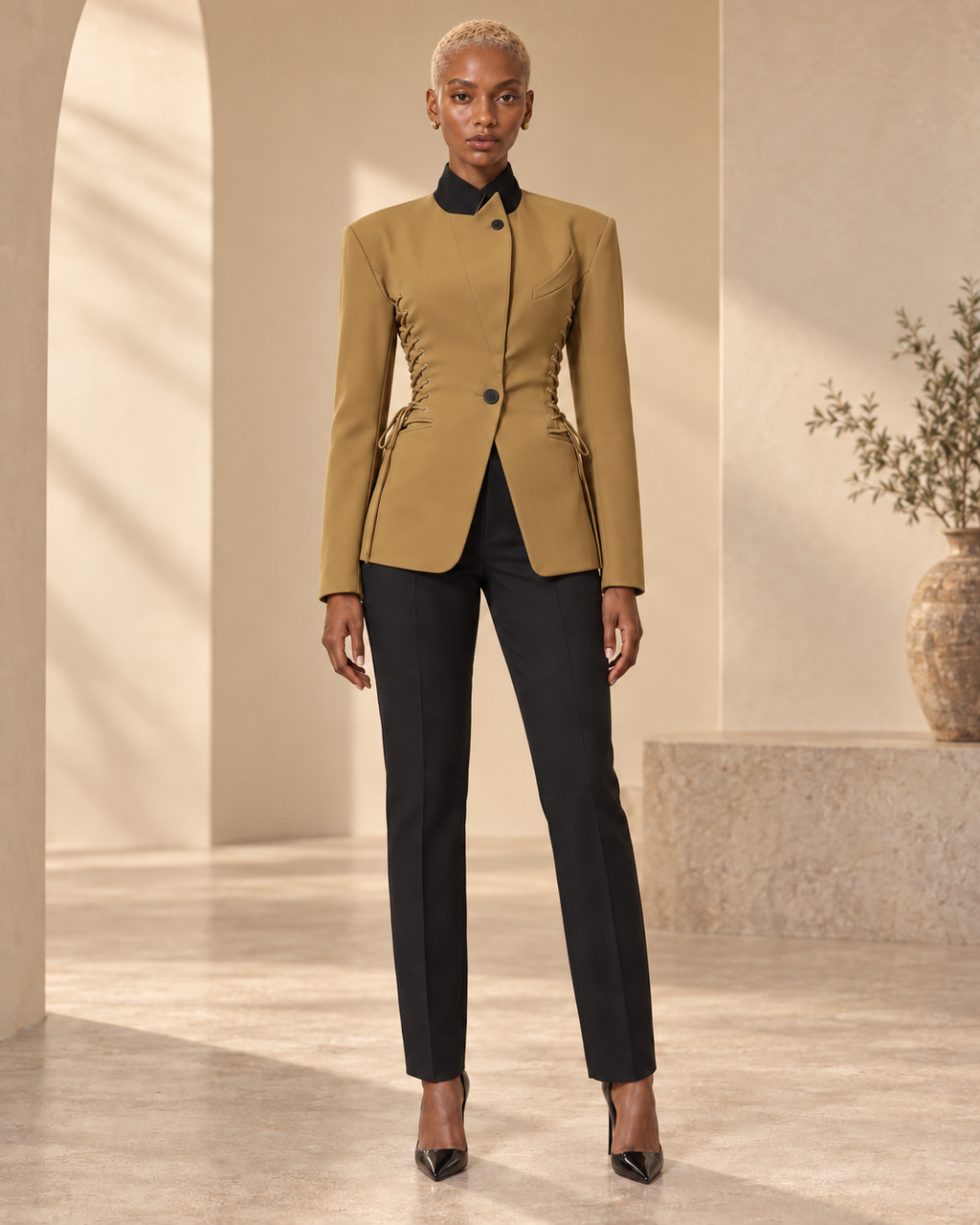 BLANC LOVE Contour Lace-Up Sculpted Blazer camel front view