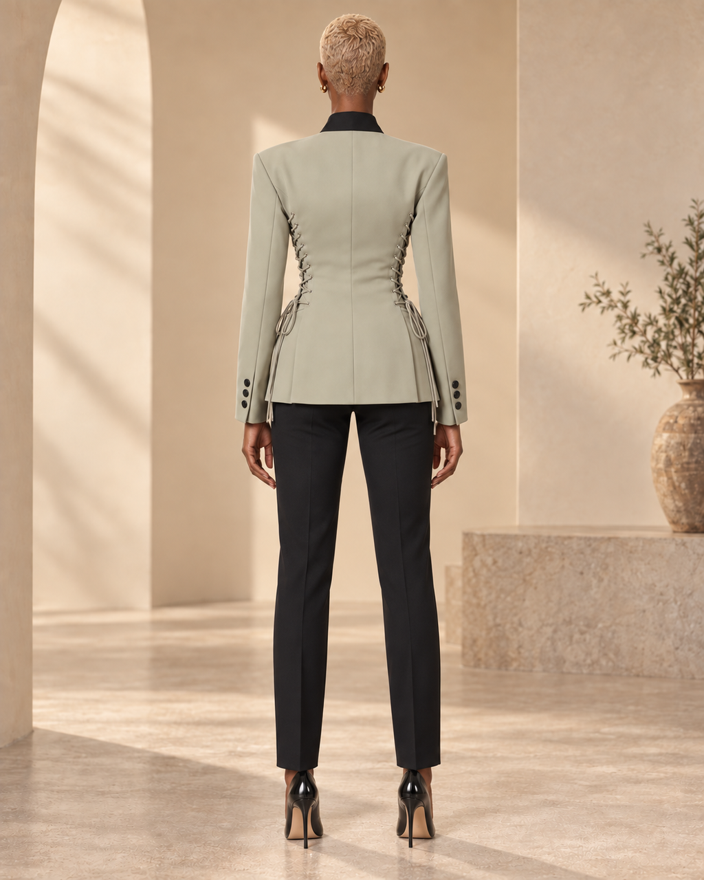 BLANC LOVE Contour Lace-Up Sculpted Blazer gray-green back view