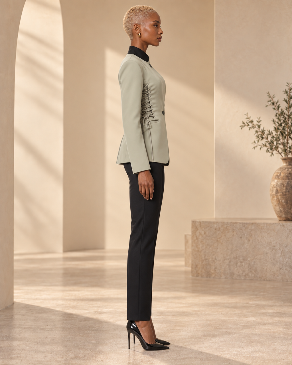 BLANC LOVE Contour Lace-Up Sculpted Blazer gray-green side view