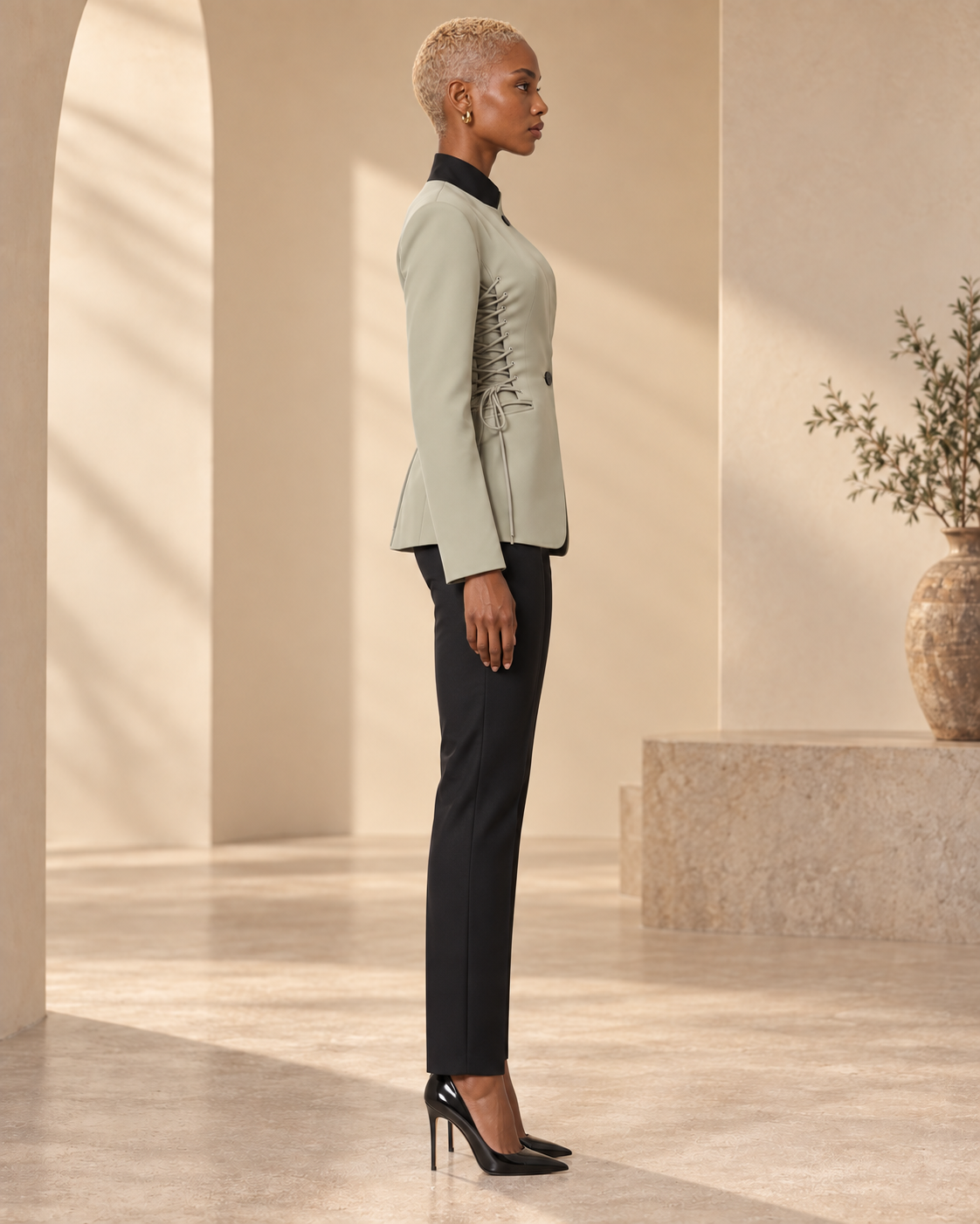 BLANC LOVE Contour Lace-Up Sculpted Blazer gray-green side view