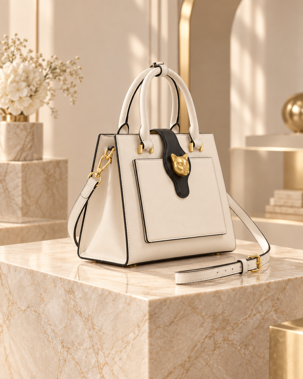 Gilded Feline Structured Leather Satchel in Cream White side view