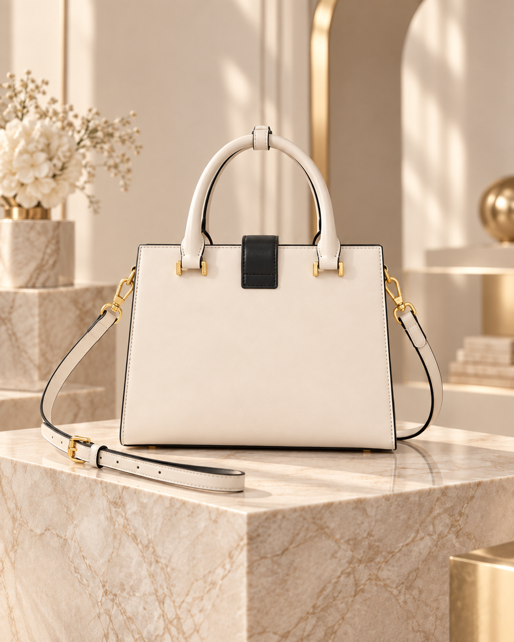 Gilded Feline Structured Leather Satchel in Cream White back view