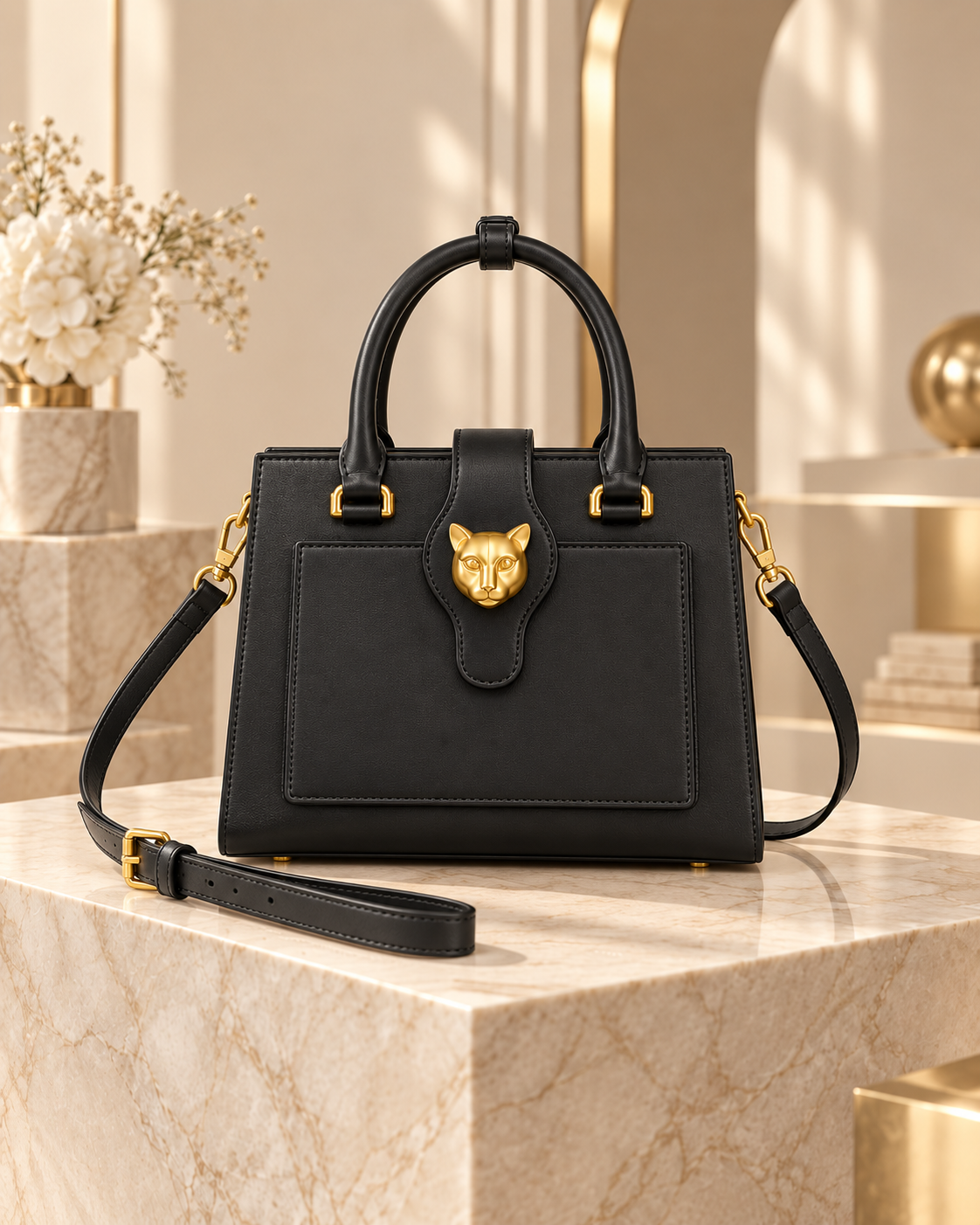 Gilded Feline Structured Leather Satchel in Black front hero view