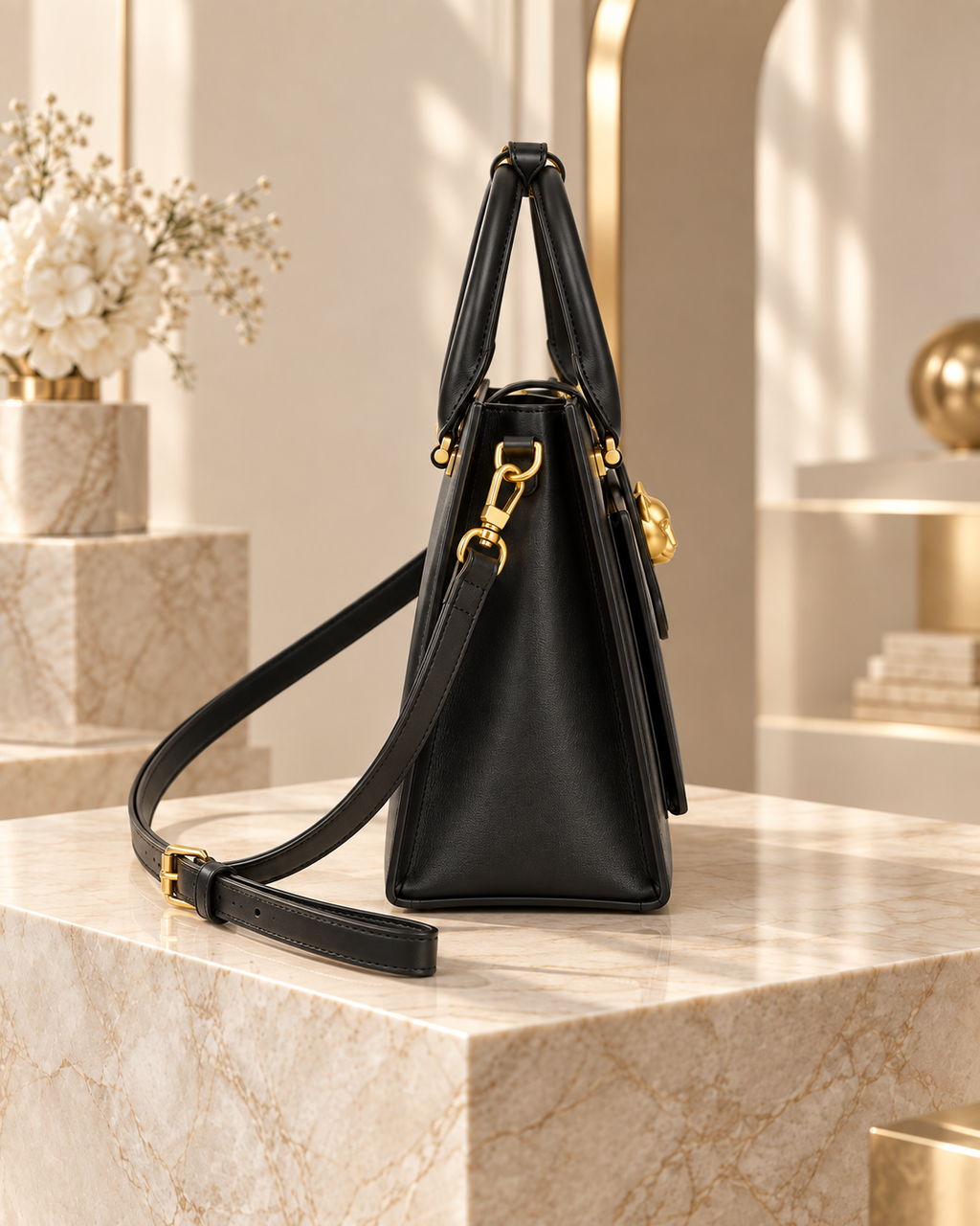 Gilded Feline Structured Leather Satchel in Black side profile view