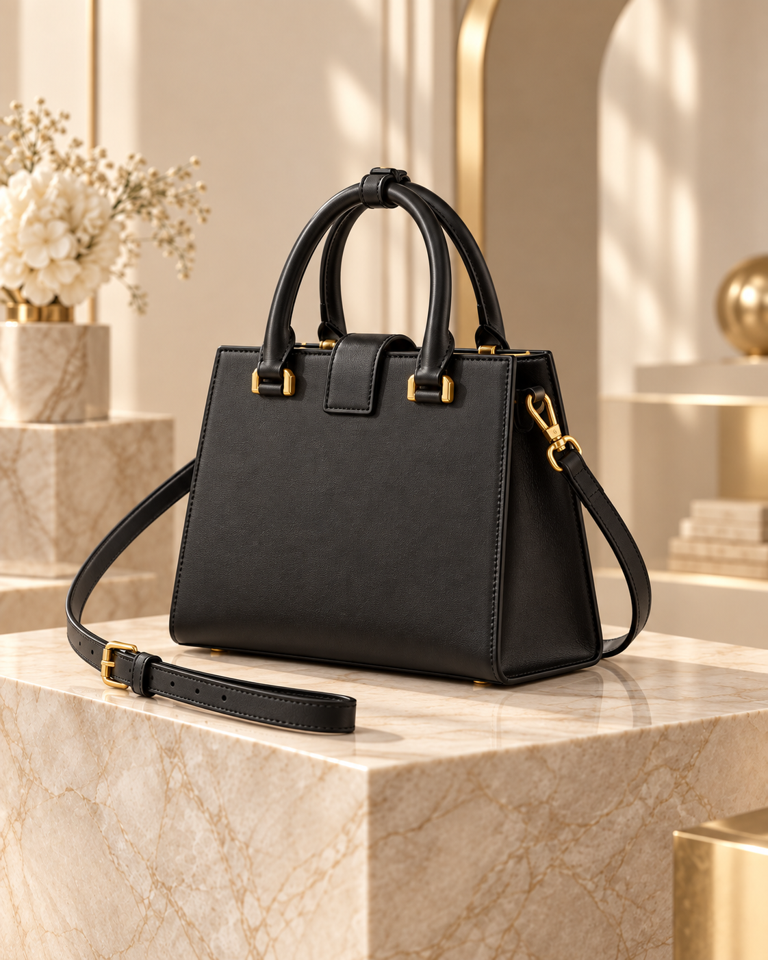 Gilded Feline Structured Leather Satchel in Black back three-quarter view