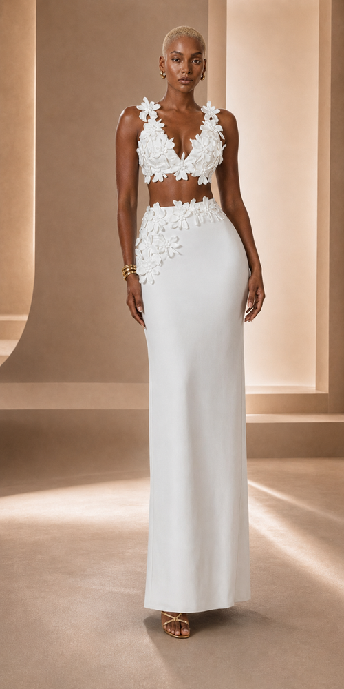 Fleur white floral two-piece maxi set front view on model