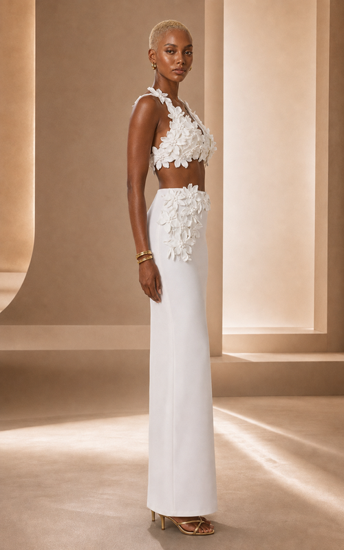 Fleur white floral two-piece maxi set side view on model