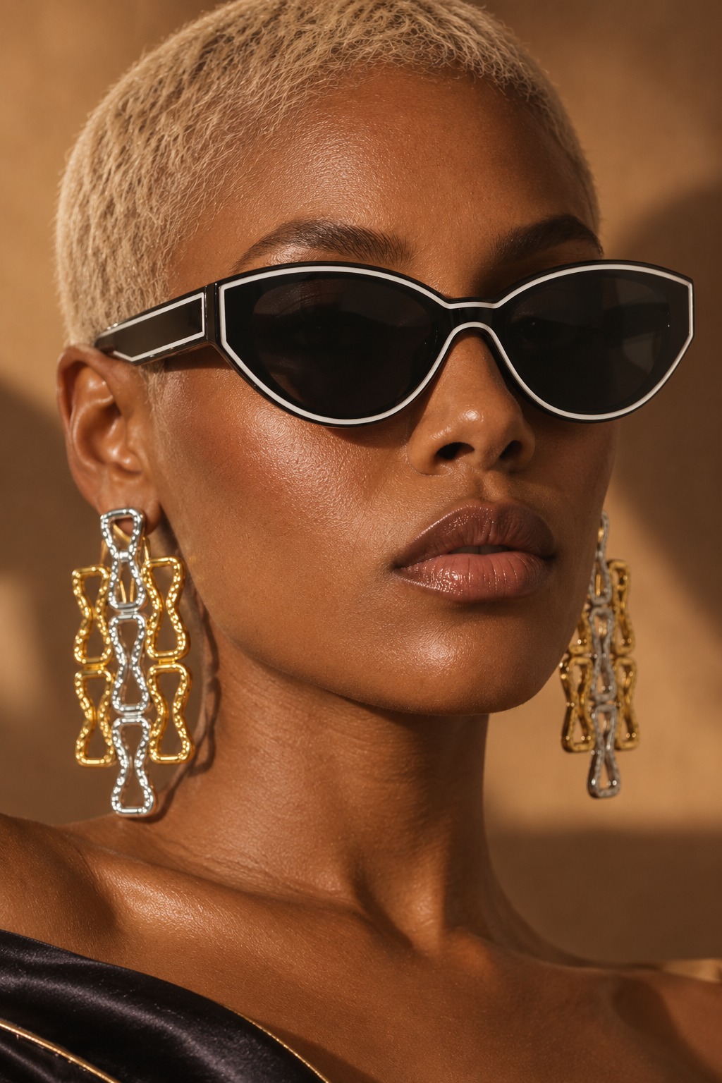 Noir Outline oversized black and white cat-eye shades worn by a BLANC LOVE model