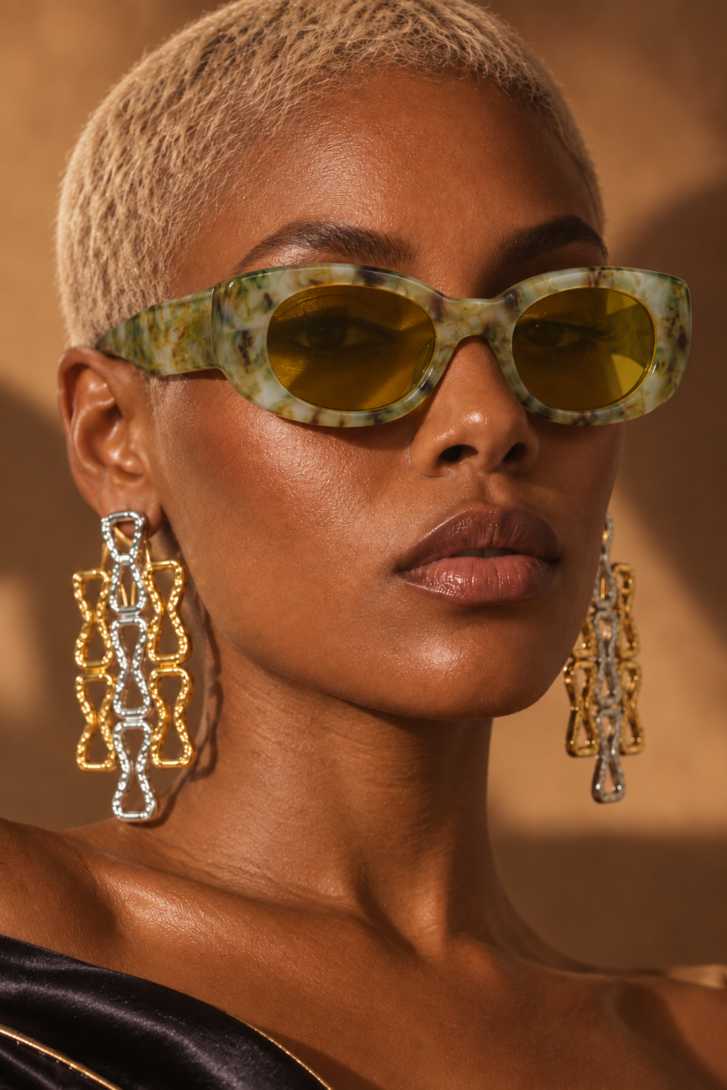 Retro Muse chunky oval shades in Marbled Green and Yellow worn by a BLANC LOVE model