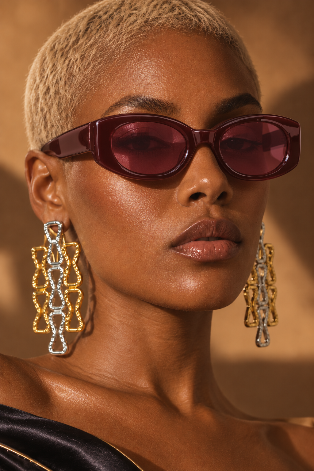 Retro Muse chunky oval shades in Wine Red worn by a BLANC LOVE model
