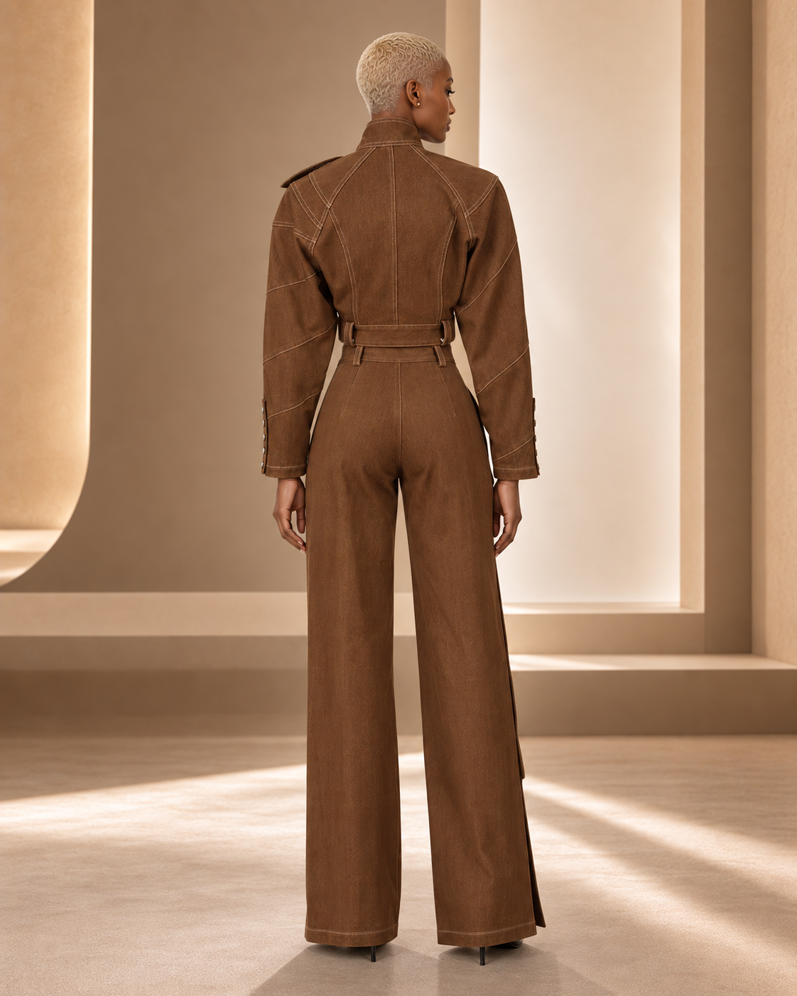 Original brown scarf-neck two-piece set back on BLANC LOVE model