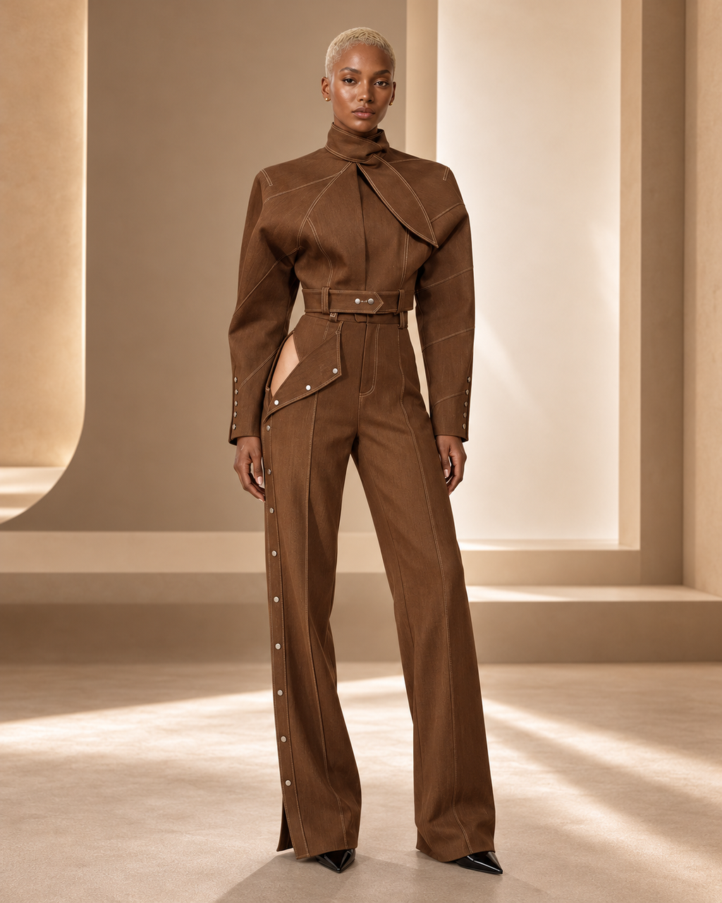Original brown scarf-neck two-piece set front on BLANC LOVE model