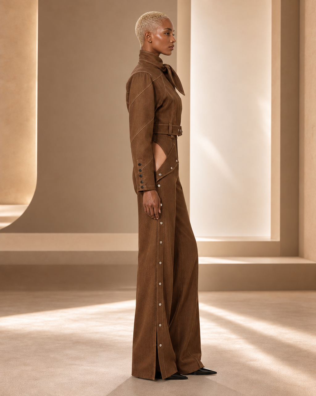 Original brown scarf-neck two-piece set side on BLANC LOVE model
