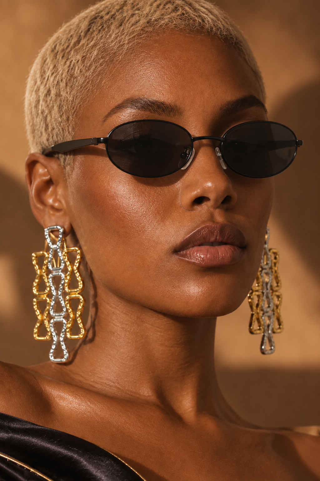 Sleek Era narrow oval shades in Black worn by a BLANC LOVE model