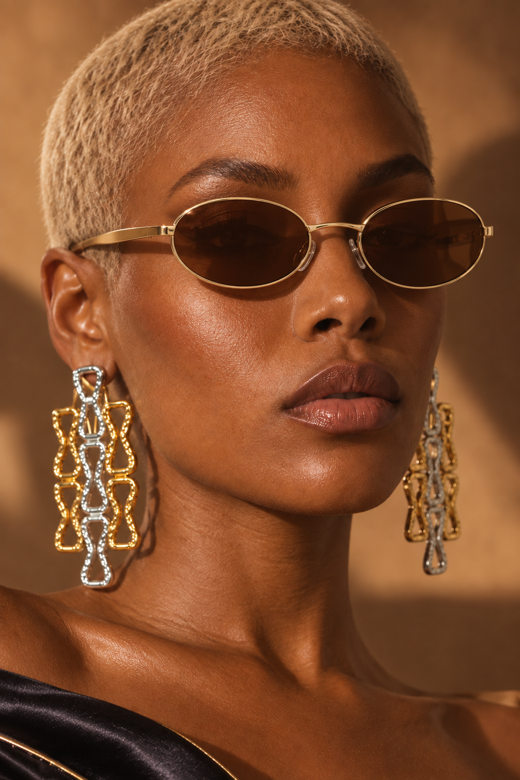 Sleek Era narrow oval shades in Brown worn by a BLANC LOVE model