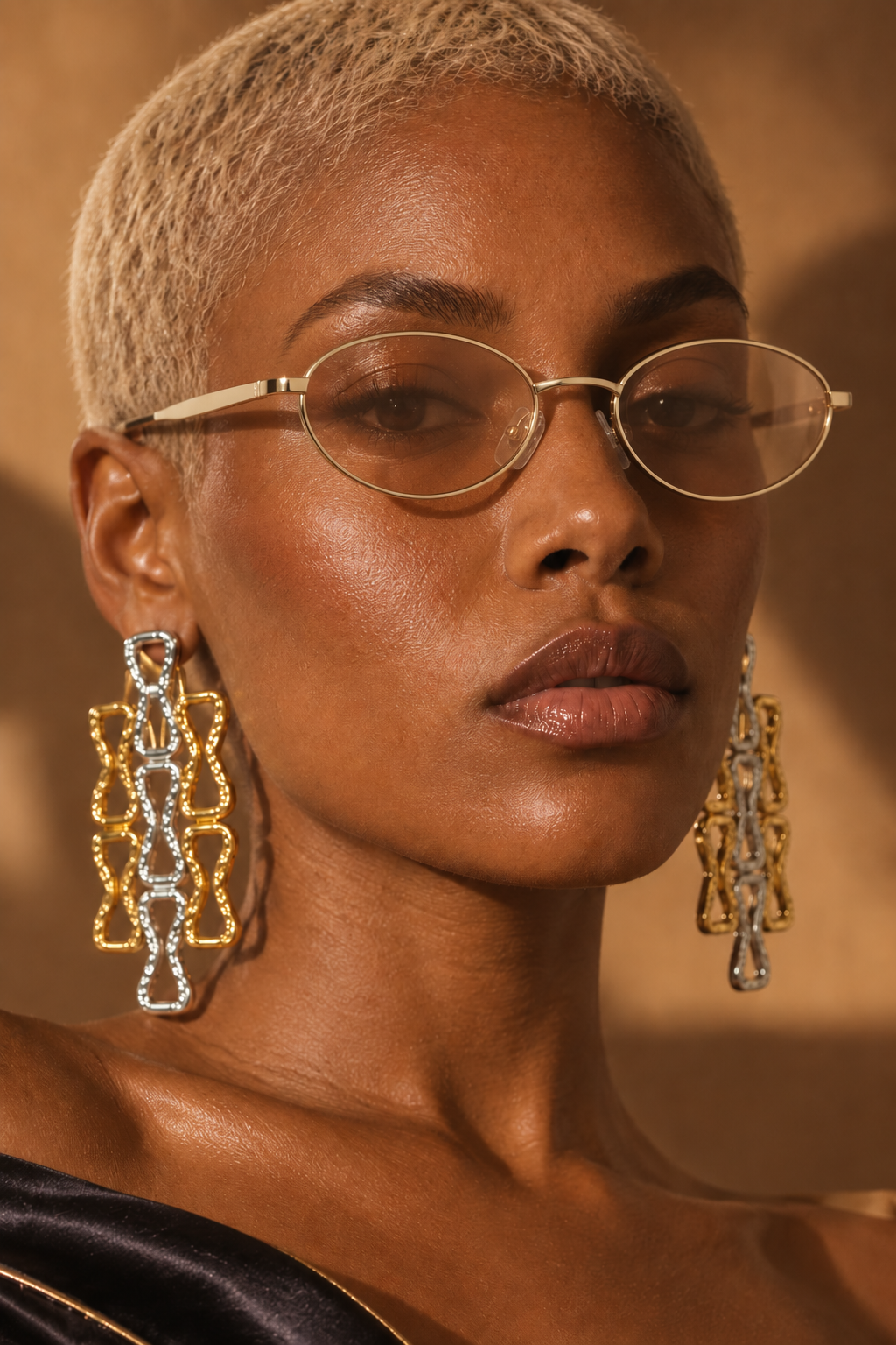 Sleek Era narrow oval shades in Champagne worn by a BLANC LOVE model