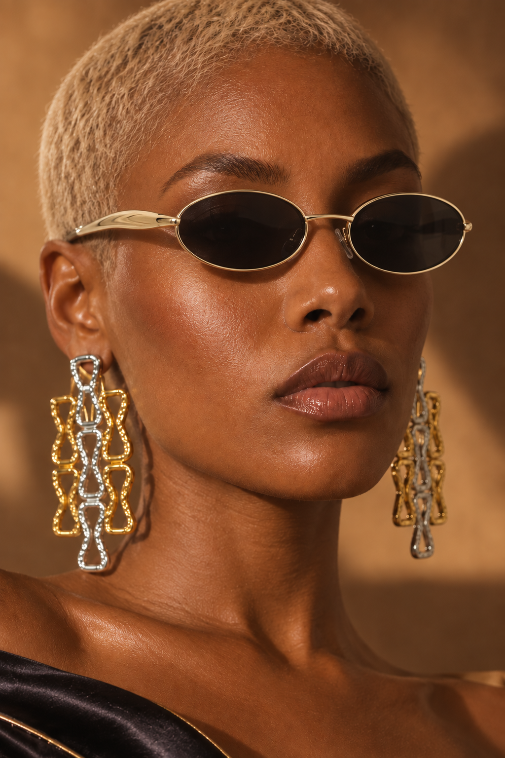 Sleek Era narrow oval shades in Gold Black worn by a BLANC LOVE model