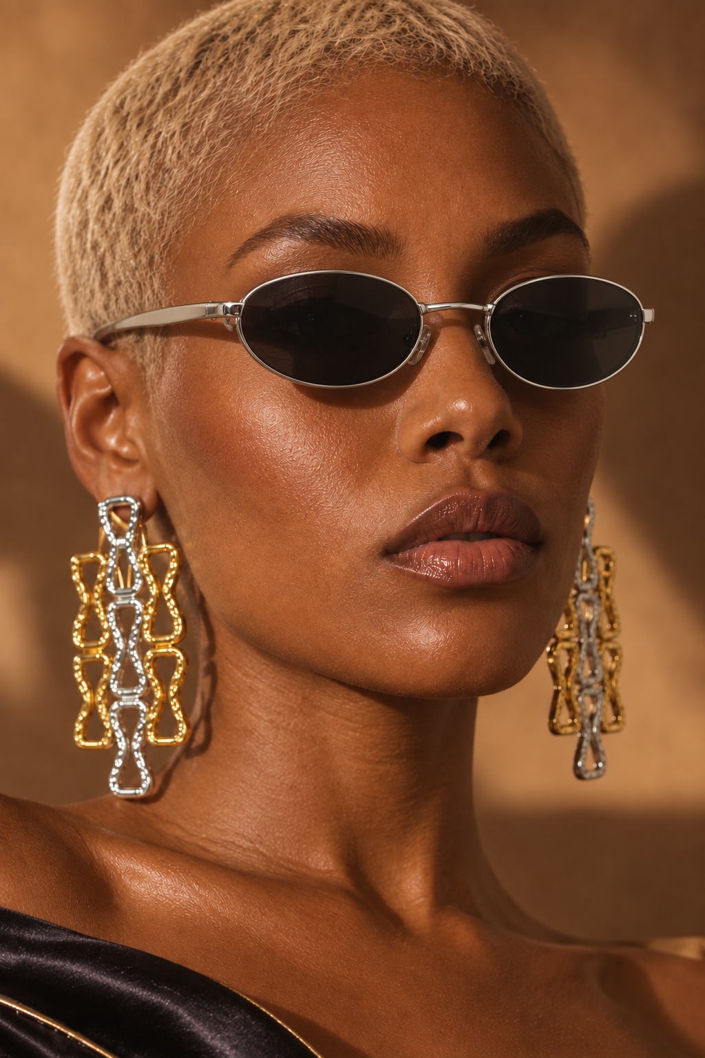 Sleek Era narrow oval shades in Silver Black worn by a BLANC LOVE model
